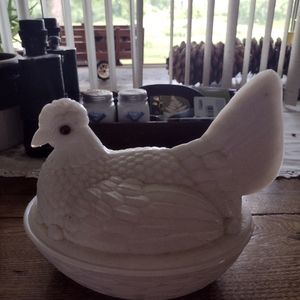 Antique milk glass hen on nest